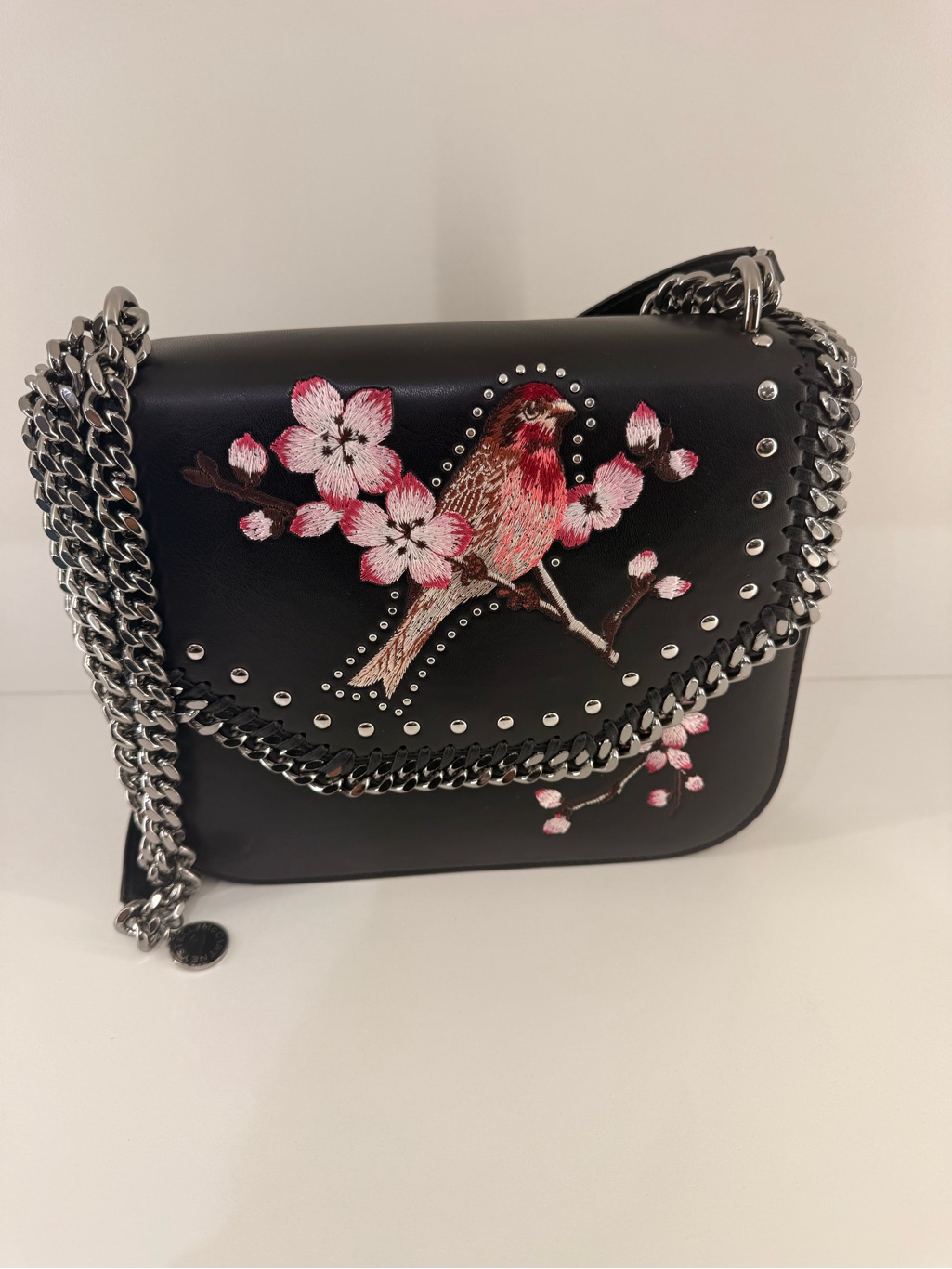 Pre Owned Stella Mccartney Black Vegan Leather Bird Embroidered Chain Bag.